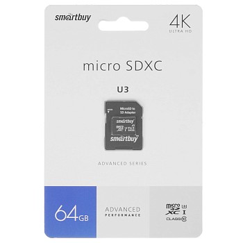 Карта памяти Smart Buy micro SDXC 64GB Class10  U3 V30 A1 Advanced R/W:90/55 MB/s (с адаптером SD) в магазине PartsOkey.ru в Ростове на Дону, Краснодаре и Москве